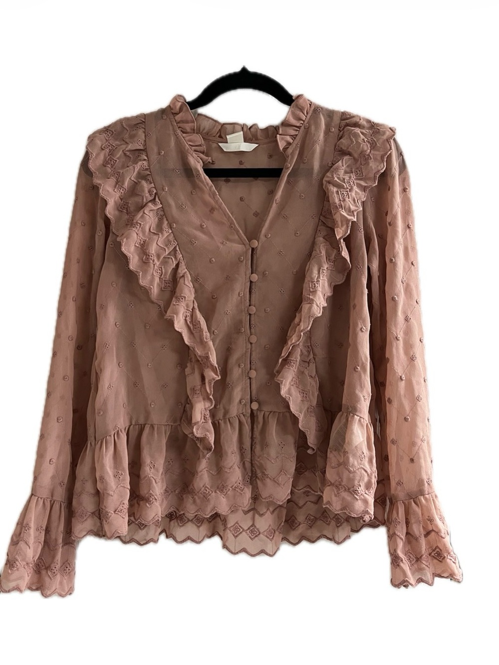 H&M Dusty Rose Ruffled Swiss Dot Blouse